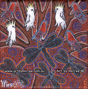'Woodland Forest Cockatoo and Rosella with Dragonflies' Original Painting by Mirree Contemporary Dreamtime Animal Dreaming